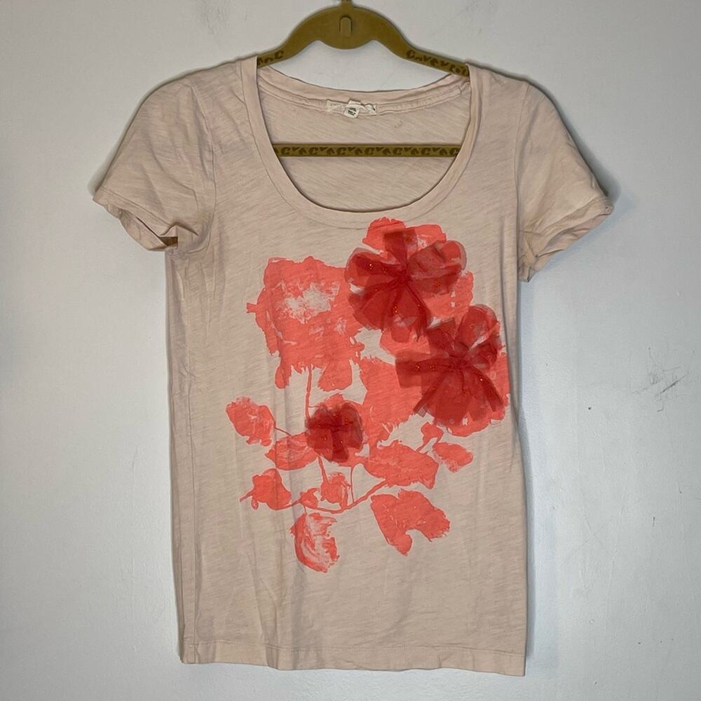J. CREW 3D Tulled Floral Embellished Tan Cotton Short Sleeve Top Size Small